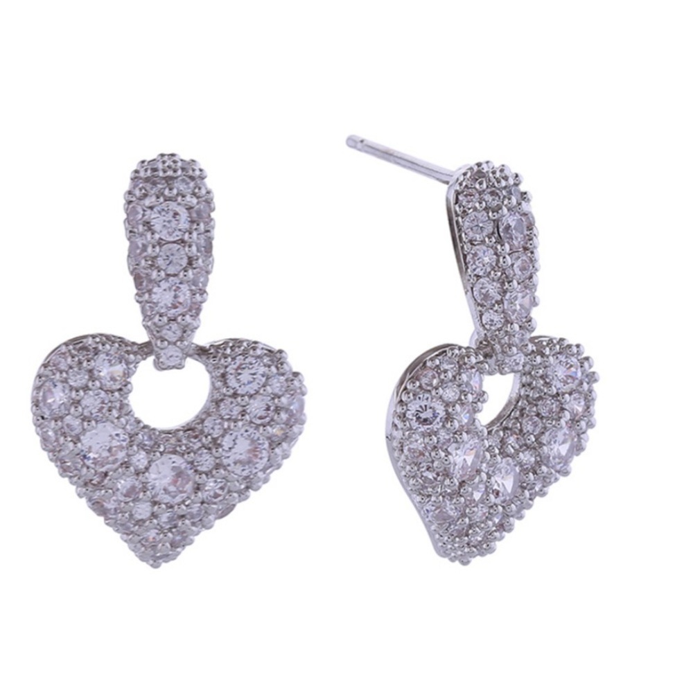 14K White Gold Drop Heart Earrings
